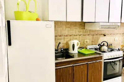 a kitchen with a white refrigerator and a sink at Cálido Loft con pileta cerca del centro. in Villa Carlos Paz