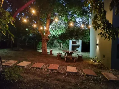 a picnic table under a tree at night at Las Toribias I in Merlo