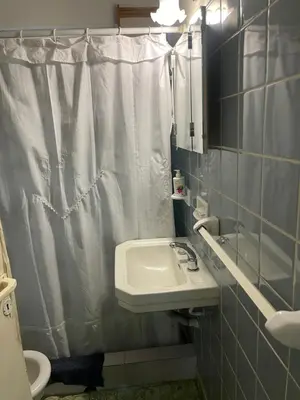 a bathroom with a sink and a shower curtain at Casa Rosa in Alta Gracia