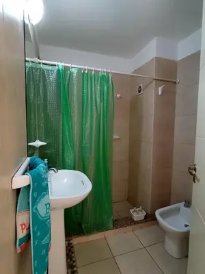 a bathroom with a green shower curtain and a sink at La Lunita in Cordoba