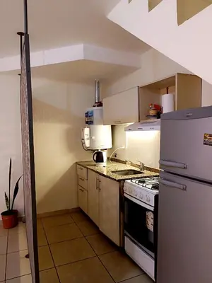 a small kitchen with a stove and a refrigerator at La Lunita in Cordoba