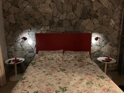 a bedroom with a bed with a stone wall at Jauja in San Javier
