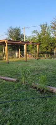 a wooden pergola in a field with grass at Cabaña los ciruelos in Santa Rosa de Calamuchita