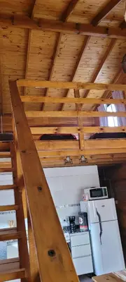 a kitchen with a wooden ceiling and a stove at Cabaña los ciruelos in Santa Rosa de Calamuchita