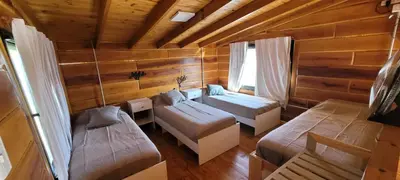 a room with two beds in a wooden cabin at Cabaña los ciruelos in Santa Rosa de Calamuchita