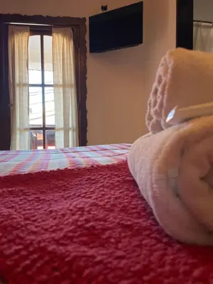 a bedroom with a bed with a red blanket and a window at POSADA DEL CENTRO in Villa General Belgrano