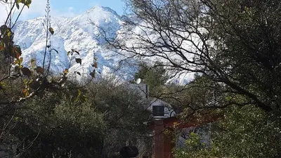 a snow covered mountain with a house and trees at Cabanias El Aguaribay in San Javier