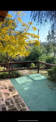 a green walkway with a wooden fence and trees at Cabañas Los Cedros in Tanti