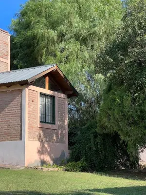 a brick house with a window and a tree at Cabañas Los Cedros in Tanti
