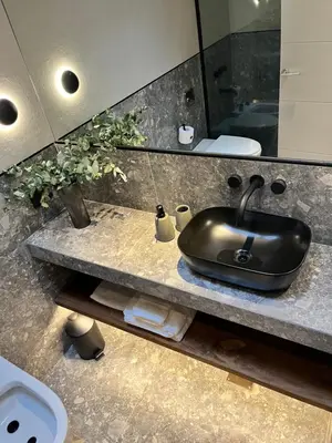 a bathroom with a black sink and a toilet at Casa Papagayo in Cordoba