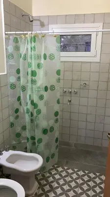 a bathroom with a shower curtain and a toilet at La Casita in Los Reartes