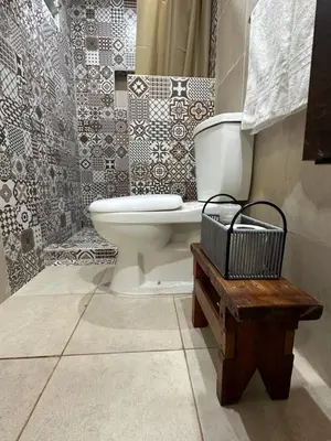 a bathroom with a toilet and a tiled wall at EXCLUSIVO LOFT CENTRICO in Alta Gracia