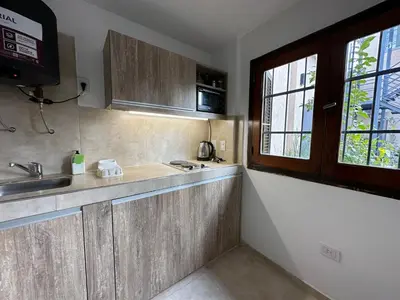 a kitchen with wooden cabinets and a sink and a window at EXCLUSIVO LOFT CENTRICO in Alta Gracia