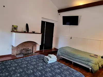 a living room with a bed and a fireplace at Loft B° Urca con cochera in Cordoba
