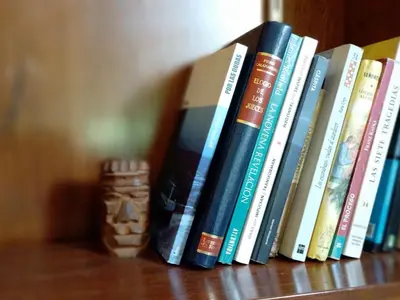 a row of books sitting on a book shelf at El Estudio in Cordoba