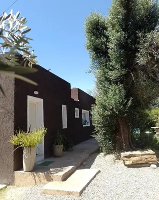 a black house with a white door and a tree at Casa Villa Alba Carpinteria in Carpintería