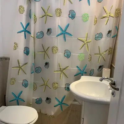 a bathroom with a toilet and a sink and a shower curtain at Hipólito Yrigoyen 150 in Cordoba