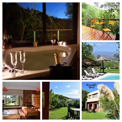 a collage of photos with a bottle of champagne in a bath tub at Moradillo Apart in La Cuesta