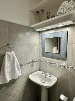 a bathroom with a sink and a mirror at ACOGEDOR Dpto Pasaje Tucumán in Alta Gracia