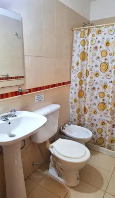 a bathroom with a toilet and a sink and a shower curtain at Departamentos Buena Onda in Villa Carlos Paz