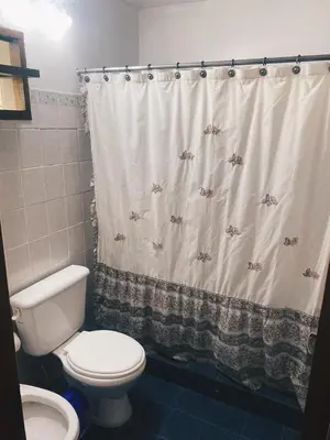 a bathroom with a toilet and a shower curtain at Cabaña Los Angeles in Villa General Belgrano