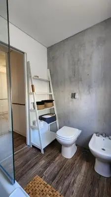 a bathroom with a toilet and a sink and a ladder at Colores de Manantiales in Villa General Belgrano