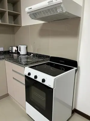 a kitchen with a black and white stove top oven at Departamento Veneto Village - B in Villa Parque Siquiman