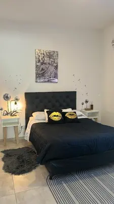 a bedroom with a large black bed with pillows at Casa Naranja habitaciones privadas in Cordoba