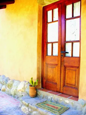 a door of a house with a potted plant in front at Cabañas en Piedras Maia in Merlo