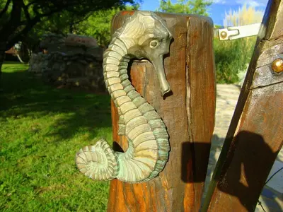 a wooden door with a snake head on it at Cabañas en Piedras Maia in Merlo