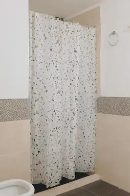 a shower curtain in a bathroom with a toilet at Jazmines Departamentos in Santa Rosa de Calamuchita