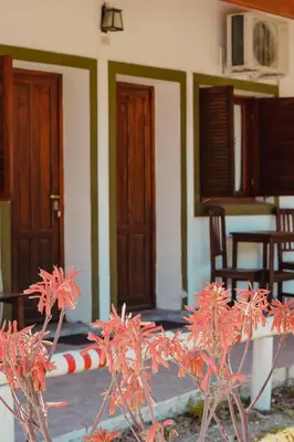a group of red flowers in front of a house at Posada Ojo de Agua Villa General Belgrano in Villa General Belgrano