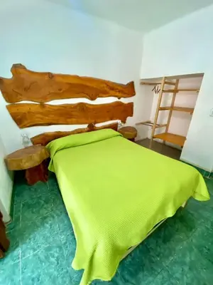 a bedroom with a wooden bed with a green bedspread at Casitas de Norma in Embalse