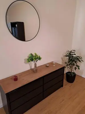 a mirror above a dresser in a room with two plants at Casa La Nona 5 personas con patio y quincho in Cordoba