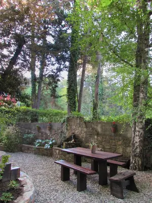 a picnic table and two benches in a park at Cabañas Tá Péfka in La Cumbrecita