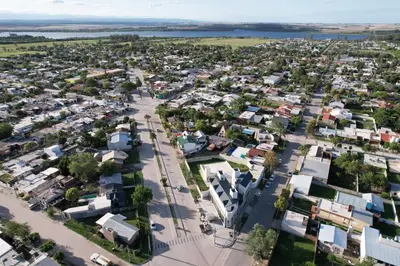 an aerial view of a city with houses at Complejo Moras I in Almafuerte