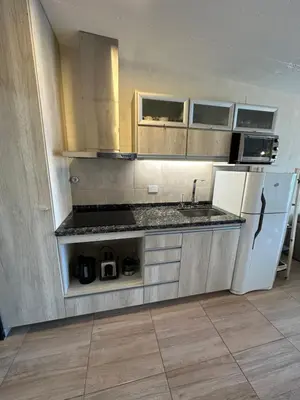 a small kitchen with a refrigerator and a sink at Pasionaria Lake in Villa Parque Siquiman