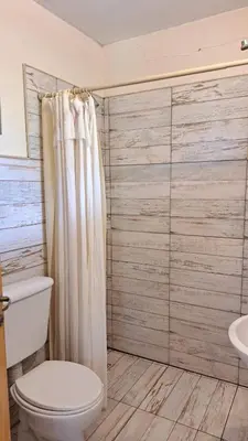 a bathroom with a toilet and a shower curtain at La aurora in Pantanillo