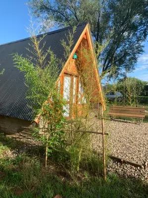 a small house with a tree in front of a bench at La Estacion in Santa Rosa de Calamuchita