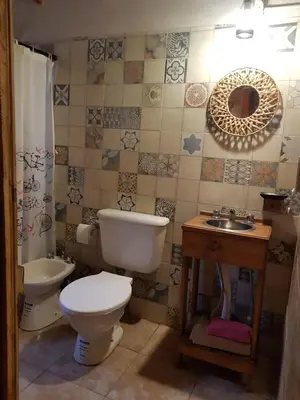a bathroom with a toilet and a sink at La Estacion in Santa Rosa de Calamuchita