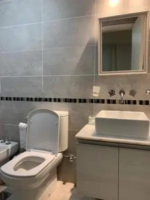 a bathroom with a toilet and a sink and a mirror at Departamento Opera Torre 2 in Villa Carlos Paz
