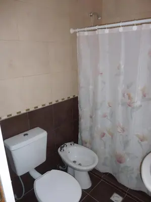 a bathroom with a toilet and a shower curtain at Dúplex El Ceibo in Villa Carlos Paz