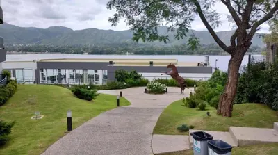 a statue of a giraffe in front of a building at Departamento Veneto Village, Parque Siquiman, Carlos Paz in Villa Parque Siquiman