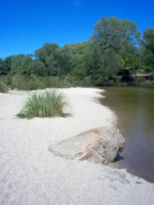 a rock sitting on a sandy beach next to a river at Estilos Argentinos in Los Reartes