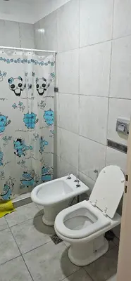 a bathroom with a toilet and a shower curtain at La Palmerita 9 in Villa Carlos Paz