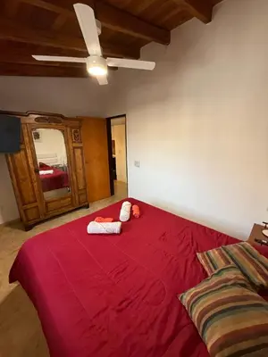 a bedroom with a red bed with two stuffed animals on it at Departamento cerca del centro - Carhue in Villa Carlos Paz