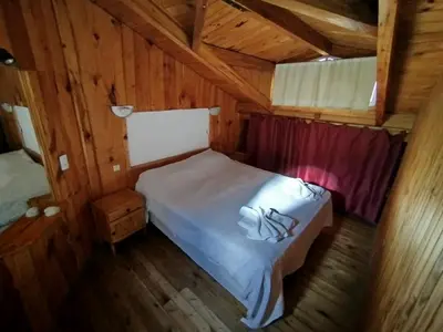 a bedroom with a bed in a wooden cabin at Complejo El Alto in Tanti