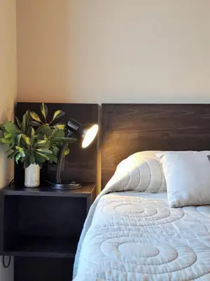 a bedroom with a bed and a plant on a nightstand at Tu lugar en Nueva Córdoba!A 50 mtros del Sanatorio Acongagua in Cordoba