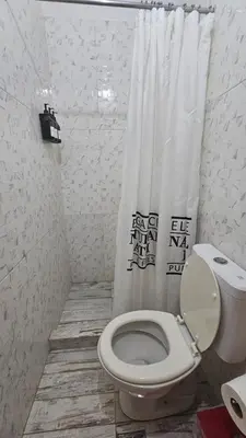 a bathroom with a toilet and a shower curtain at RaGi dpto 4 in Cordoba