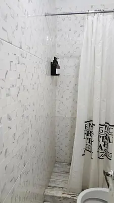 a white bathroom with a shower curtain and a toilet at RaGi dpto 4 in Cordoba